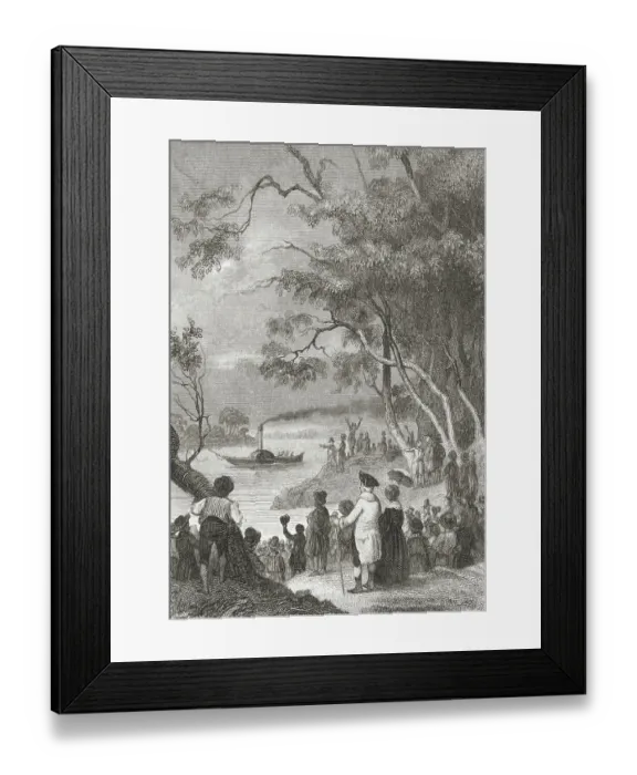 Framed Print : Crowd Gazing out at Sailing of New Boat the Fulton Framed Print : Crowd Gazing out at Sailing of New Boat the Fulton