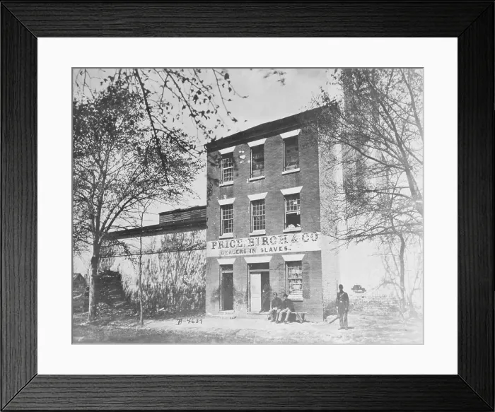 Framed Print : Men Outside Exterior of Civil War Slave Holding Station Framed Print : Men Outside Exterior of Civil War Slave Holding Station