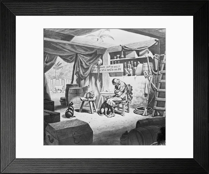 Framed Print : Depiction of Robinson Crusoe Alone with Animals in Makeshift Dwelling Framed Print : Depiction of Robinson Crusoe Alone with Animals in Makeshift Dwelling