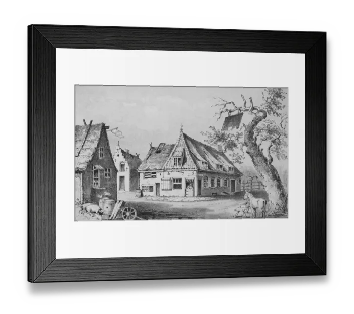 Framed Print : Exterior of Dutch Cottages with Church and Grounds Framed Print : Exterior of Dutch Cottages with Church and Grounds