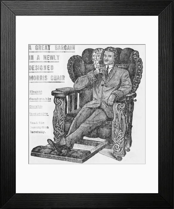 Framed Print : Advertisement for a Chair with Man Smoking While Reclining Framed Print : Advertisement for a Chair with Man Smoking While Reclining