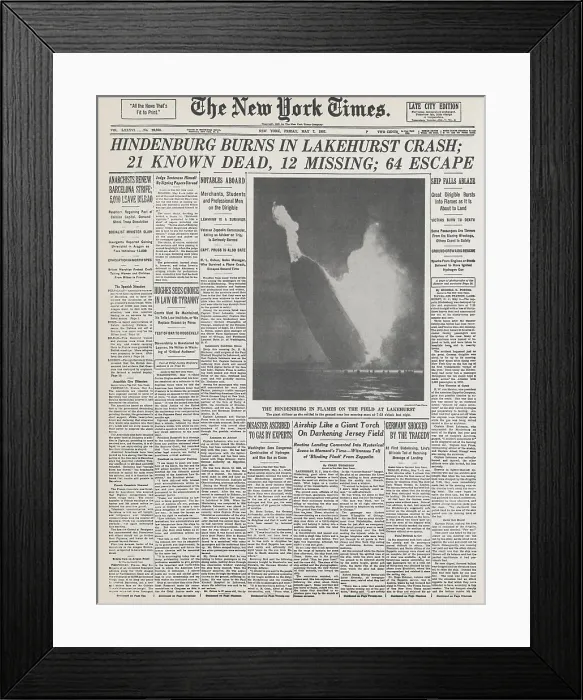 Framed Print : New York Times Headlines on Hindenburg Crash Framed Print : New York Times Headlines on Hindenburg Crash