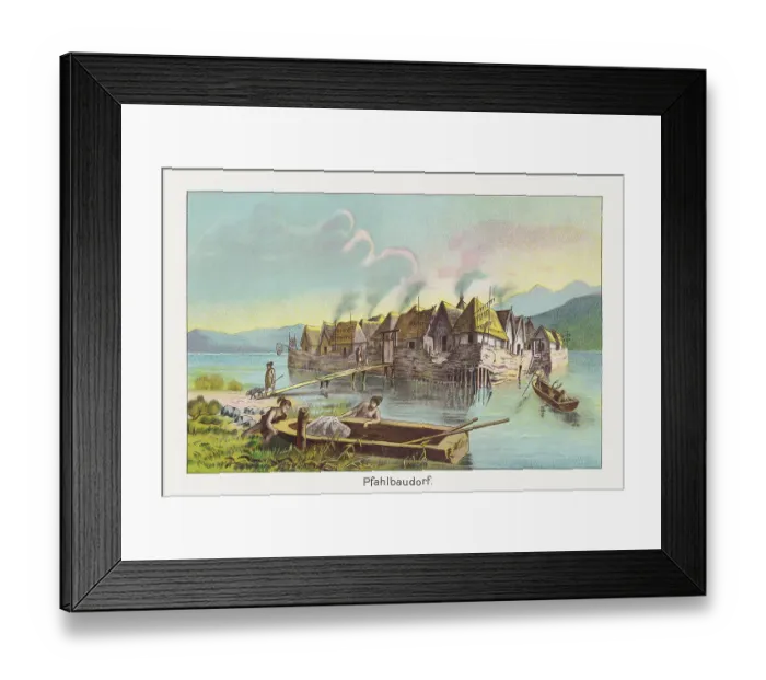Framed Print : Visual reconstruction of a Pile-dwelling village, chromolithograph, published 1889 Framed Print : Visual reconstruction of a Pile-dwelling village, chromolithograph, published 1889