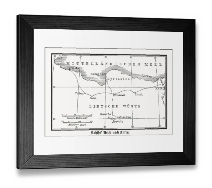 Framed Print : Map of the Gerhard Rohlfs Africa expedition, woodcut, published 1880 Framed Print : Map of the Gerhard Rohlfs Africa expedition, woodcut, published 1880