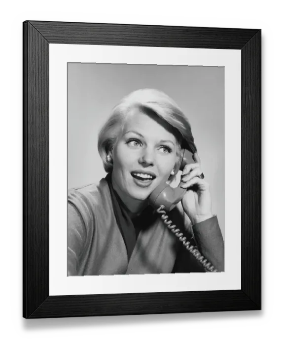 Framed Print : Woman on telephone, smiling Framed Print : Woman on telephone, smiling