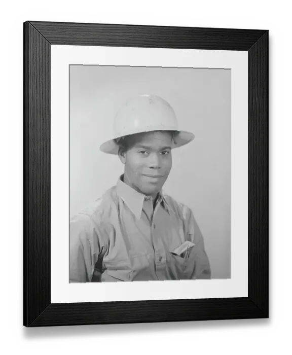 Framed Print : African-American man wearing work shirt and hard hat, portrait Framed Print : African-American man wearing work shirt and hard hat, portrait