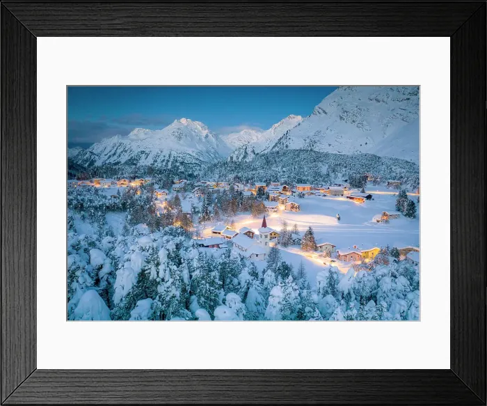 Framed Print : Dusk on snowy woods and Chiesa Bianca, Switzerland Framed Print : Dusk on snowy woods and Chiesa Bianca, Switzerland