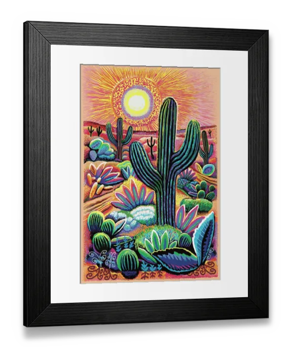 Framed Print : Landscape Desert Garden, Saguaro and flowering cactus. Illustration of vivid sunset Framed Print : Landscape Desert Garden, Saguaro and flowering cactus. Illustration of vivid sunset