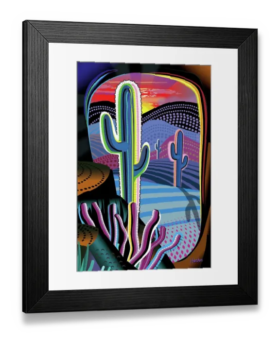 Framed Print : Desert landscape, Saguaro cactus. Digital Illustration of vivid sunset Framed Print : Desert landscape, Saguaro cactus. Digital Illustration of vivid sunset