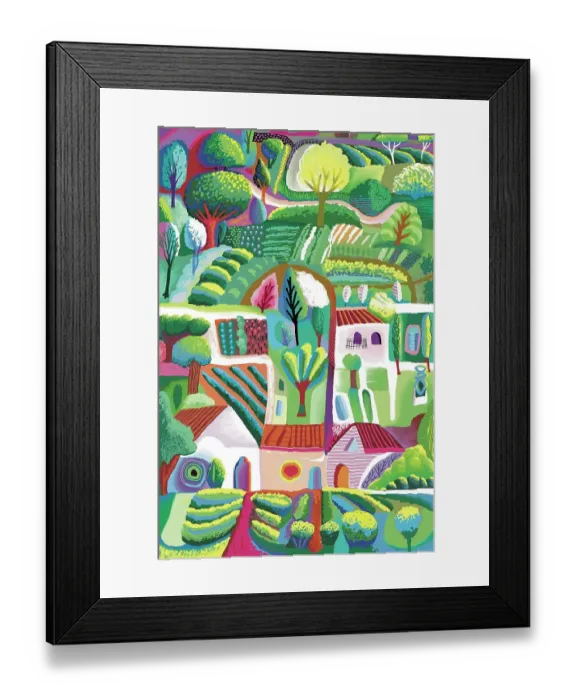 Framed Print : Small gardens and cottages painting illustration Framed Print : Small gardens and cottages painting illustration