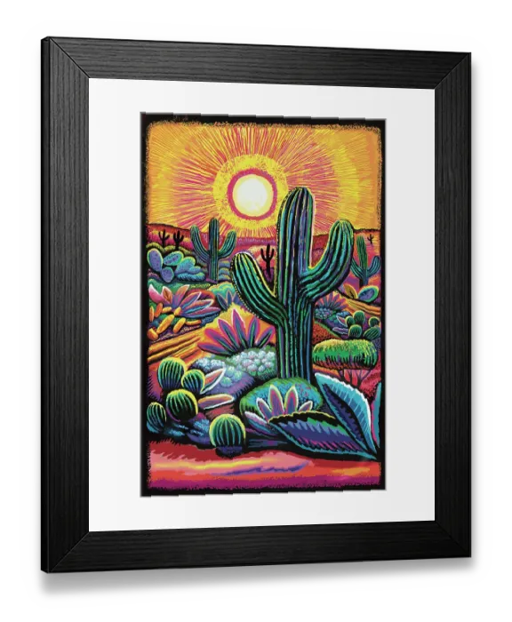 Framed Print : Landscape Desert Garden, Saguaro and flowering cactus at Sunrise Framed Print : Landscape Desert Garden, Saguaro and flowering cactus at Sunrise