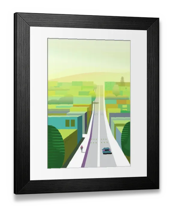 Framed Print : Cityscape illustration with a solitary person and car from above Framed Print : Cityscape illustration with a solitary person and car from above