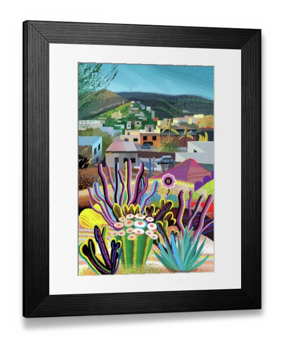 Framed Print : Urban Hills, houses, garden landscape Illustration of Mexico