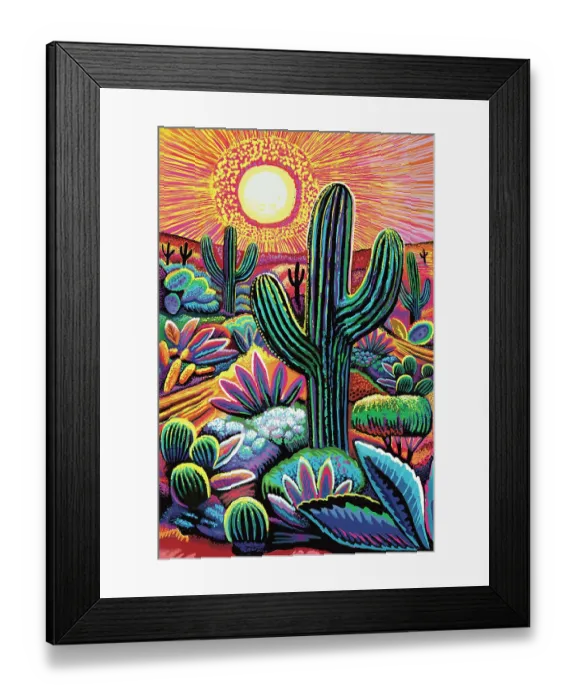 Framed Print : Landscape Desert Garden, Saguaro and flowering cactus. Digital Illustration of vivid sunset Framed Print : Landscape Desert Garden, Saguaro and flowering cactus. Digital Illustration of vivid sunset