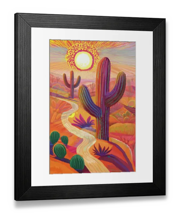 Framed Print : Landscape Desert Garden, Saguaro and flowering cactus. Illustration of vivid sunset Framed Print : Landscape Desert Garden, Saguaro and flowering cactus. Illustration of vivid sunset