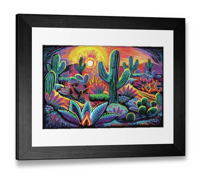 Framed Print : Landscape Desert Garden, Saguaro and flowering cactus. Digital Illustration of vivid sunset Framed Print : Landscape Desert Garden, Saguaro and flowering cactus. Digital Illustration of vivid sunset