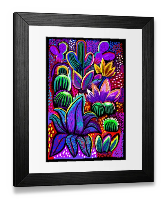 Framed Print : Landscape Desert Garden, Saguaro and flowering cactus at Night Framed Print : Landscape Desert Garden, Saguaro and flowering cactus at Night