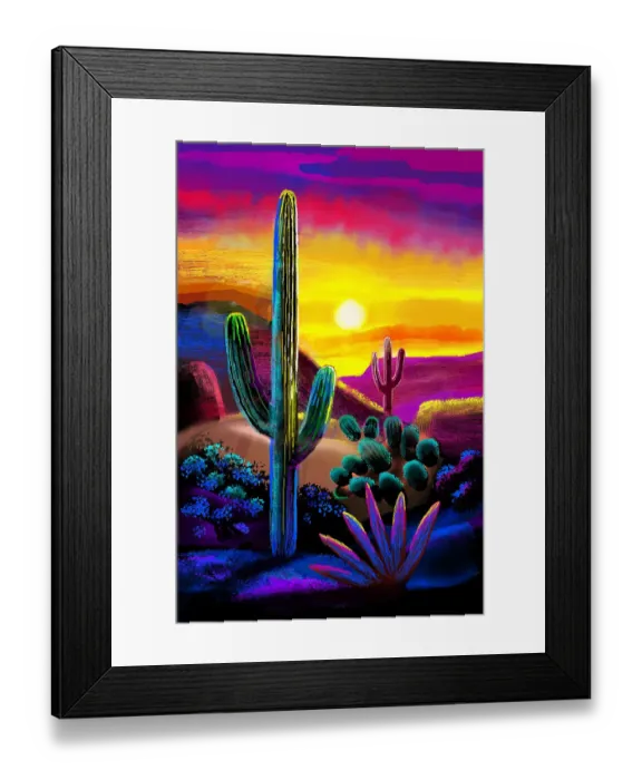 Framed Print : Landscape Desert Garden, Saguaro and flowering cactus. Digital Illustration of vivid sunset Framed Print : Landscape Desert Garden, Saguaro and flowering cactus. Digital Illustration of vivid sunset