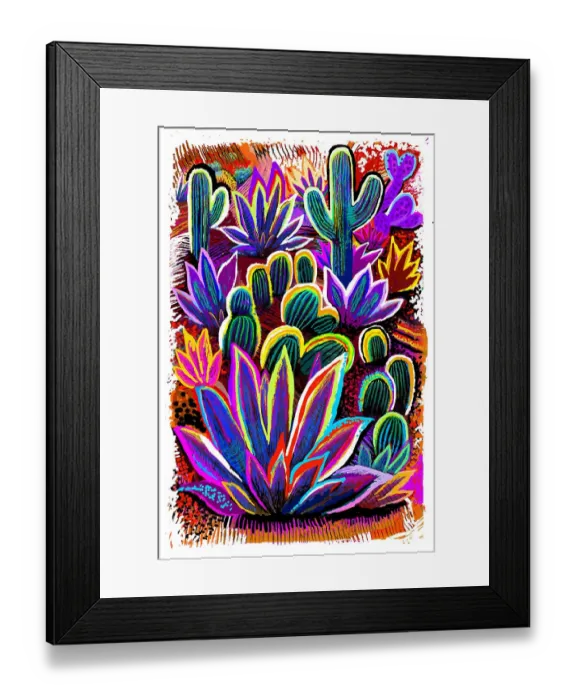 Framed Print : Botanical Desert Garden, Saguaro and flowering cactus. Digital Illustration of succulents Framed Print : Botanical Desert Garden, Saguaro and flowering cactus. Digital Illustration of succulents