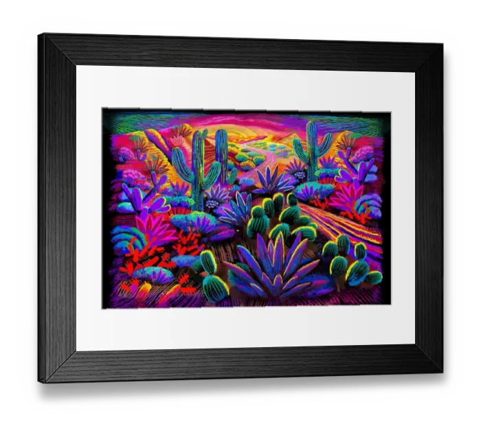 Framed Print : Landscape Desert Garden, Saguaro and flowering cactus. Digital Illustration of vivid sunset Framed Print : Landscape Desert Garden, Saguaro and flowering cactus. Digital Illustration of vivid sunset