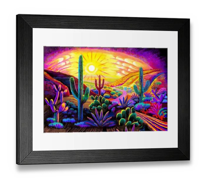 Framed Print : Landscape Desert Garden, Saguaro and flowering cactus. Digital Illustration of vivid sunset Framed Print : Landscape Desert Garden, Saguaro and flowering cactus. Digital Illustration of vivid sunset