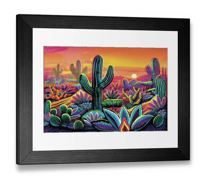 Framed Print : Landscape Desert Garden, Saguaro and flowering cactus. Illustration of vivid sunset Framed Print : Landscape Desert Garden, Saguaro and flowering cactus. Illustration of vivid sunset
