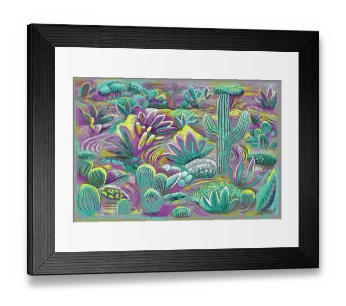 Framed Print : Landscape Desert Garden, Saguaro and flowering cactus painting Framed Print : Landscape Desert Garden, Saguaro and flowering cactus painting