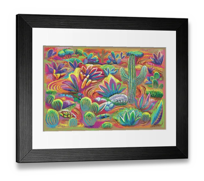 Framed Print : Landscape Desert Garden, Saguaro and flowering cactus. Digital Illustration of vivid sunset