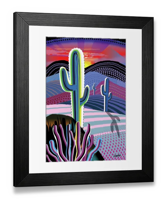 Framed Print : Sunrise Mountain Landscape Desert Saguaro, Ocotillo Cactus Illustration Framed Print : Sunrise Mountain Landscape Desert Saguaro, Ocotillo Cactus Illustration