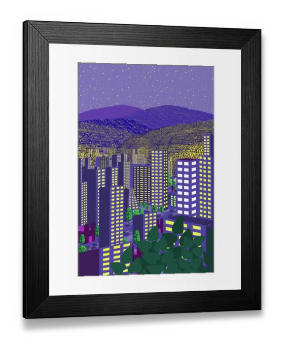 Framed Print : Glittering Downtown Skyscrapers at Night Illustration