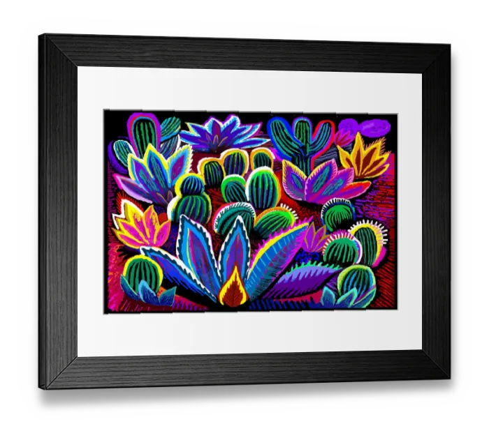 Framed Print : Landscape Desert Garden, Saguaro and flowering cactus at Night Framed Print : Landscape Desert Garden, Saguaro and flowering cactus at Night