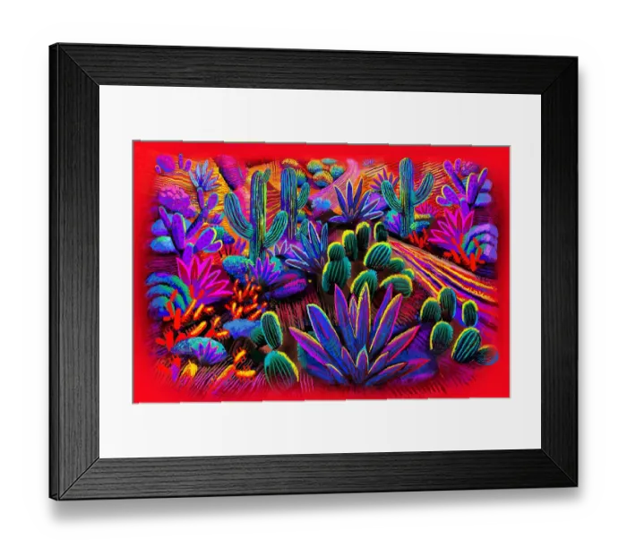 Framed Print : Landscape Desert Garden, Saguaro and flowering cactus. Digital Illustration of vivid sunset Framed Print : Landscape Desert Garden, Saguaro and flowering cactus. Digital Illustration of vivid sunset