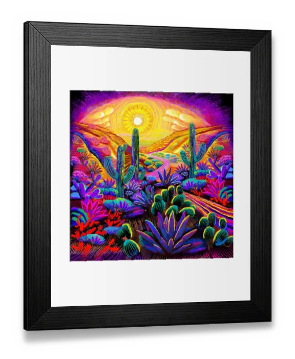 Framed Print : Landscape Desert Garden, Saguaro and flowering cactus. Digital Illustration of vivid sunrise Framed Print : Landscape Desert Garden, Saguaro and flowering cactus. Digital Illustration of vivid sunrise