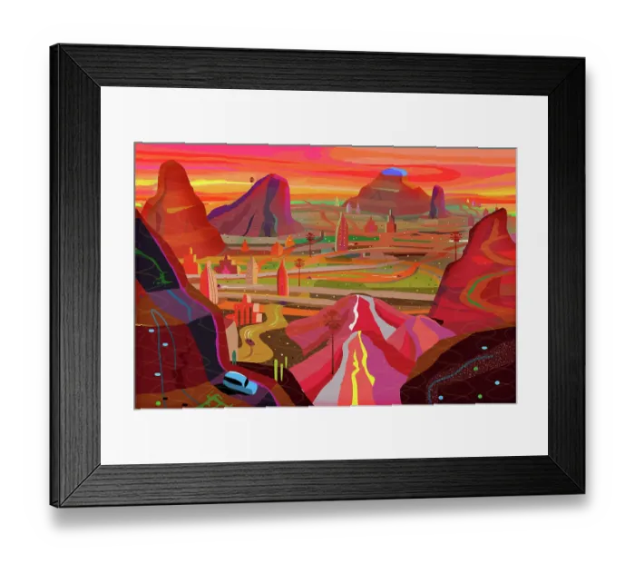 Framed Print : Fantasy dream city in surreal red desert landscape