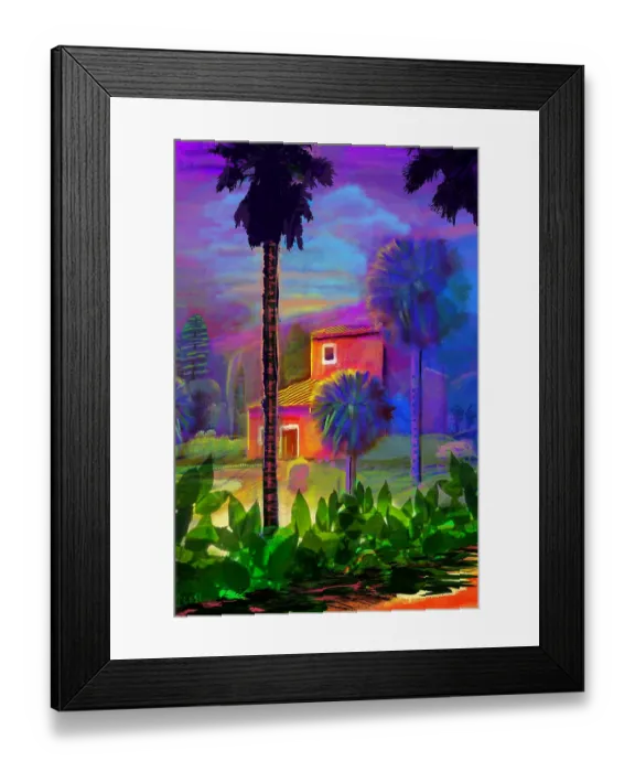 Framed Print : Cottage in Garden Landscape Painting with late day light Framed Print : Cottage in Garden Landscape Painting with late day light