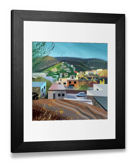 Framed Print : Urban Hills, houses, park landscape Illustration of Mexico Framed Print : Urban Hills, houses, park landscape Illustration of Mexico