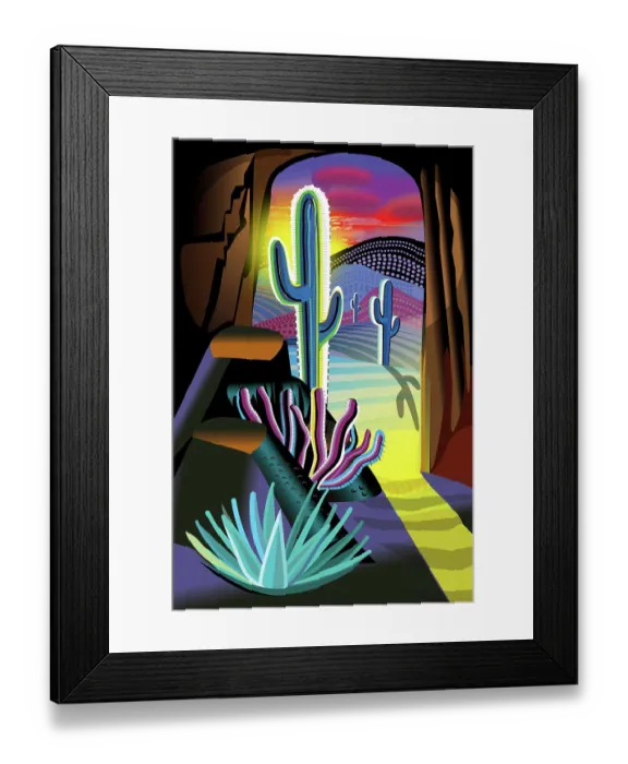 Framed Print : Desert Sunrise from Cave Illustration with Cactus Framed Print : Desert Sunrise from Cave Illustration with Cactus