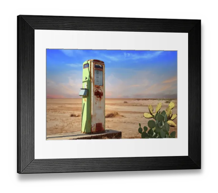 Framed Print : Retro style scene with old Gas Pump in Arizona Desert Framed Print : Retro style scene with old Gas Pump in Arizona Desert