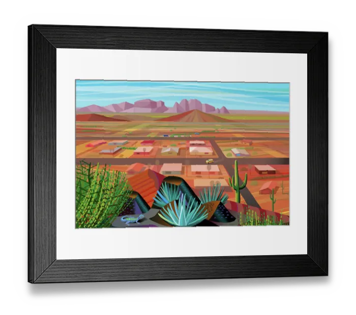 Framed Print : Desert Landscape Illustration with Houses Framed Print : Desert Landscape Illustration with Houses