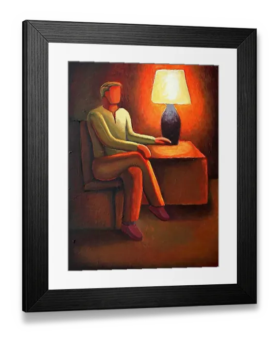 Framed Print : Painting of Man Sitting by Lamplight in Low Lighting Framed Print : Painting of Man Sitting by Lamplight in Low Lighting
