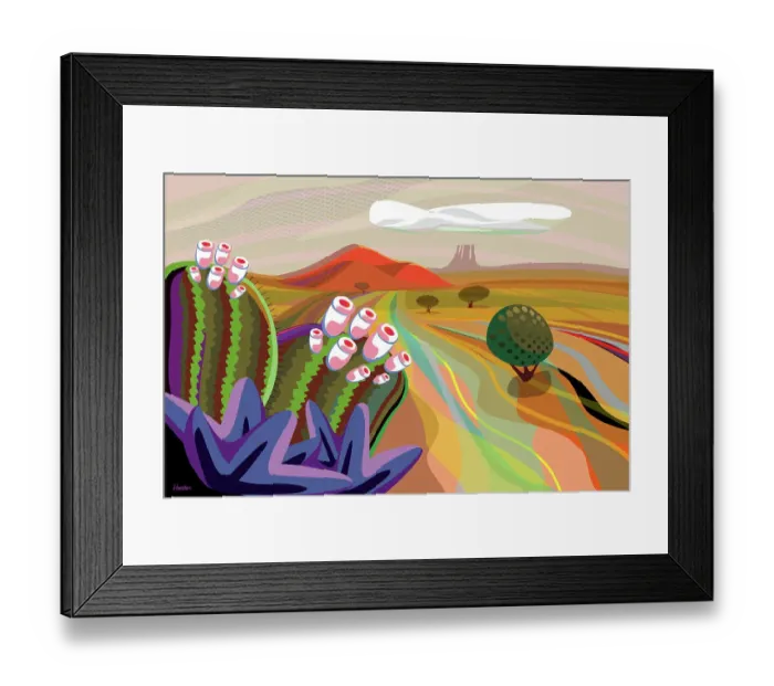 Framed Print : Desert, Cactus, Mountains in distance Landscape Illustration Framed Print : Desert, Cactus, Mountains in distance Landscape Illustration