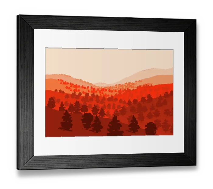 Framed Print : Red Forest Mountain Landscape Illustration Framed Print : Red Forest Mountain Landscape Illustration
