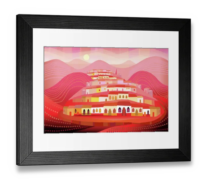 Framed Print : San Miguel de Allende, Mexico on Hills in Folk Style Illustration Framed Print : San Miguel de Allende, Mexico on Hills in Folk Style Illustration