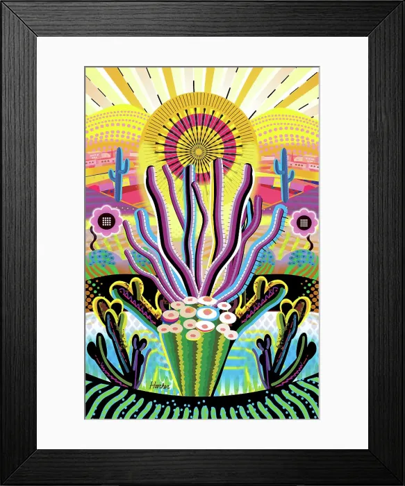 Framed Print : Sunrise Landscape Desert Garden, Saguaro, Ocotillo and flowering cactus. Digital Illustration of sunrise in abstract symmetry