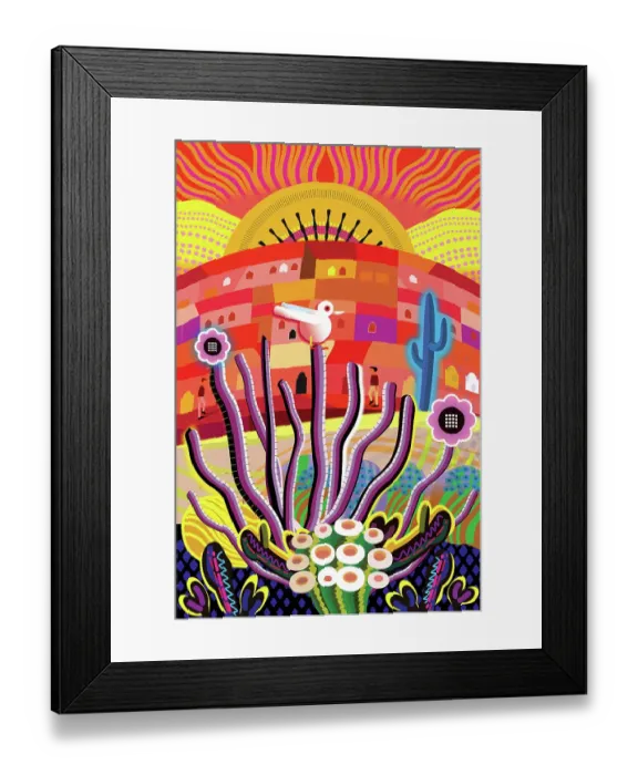 Framed Print : Sunrise Landscape Desert Garden, Saguaro, Ocotillo and flowering cactus illustration Framed Print : Sunrise Landscape Desert Garden, Saguaro, Ocotillo and flowering cactus illustration
