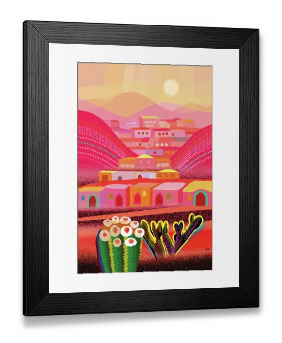 Framed Print : Red Desert in misty light, barrel cactus and mountain village houses in distance landscape Illustration Framed Print : Red Desert in misty light, barrel cactus and mountain village houses in distance landscape Illustration