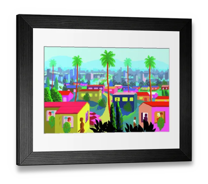 Framed Print : California Suburbs Landscape Illustration in Art Cartoon Style Framed Print : California Suburbs Landscape Illustration in Art Cartoon Style