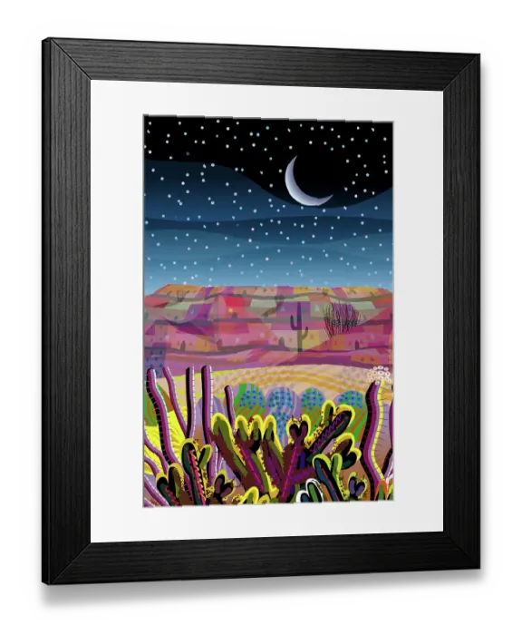 Framed Print : Desert, Saguaro and other cactus plants, Mountains in Background Landscape Illustration in starry night Framed Print : Desert, Saguaro and other cactus plants, Mountains in Background Landscape Illustration in starry night