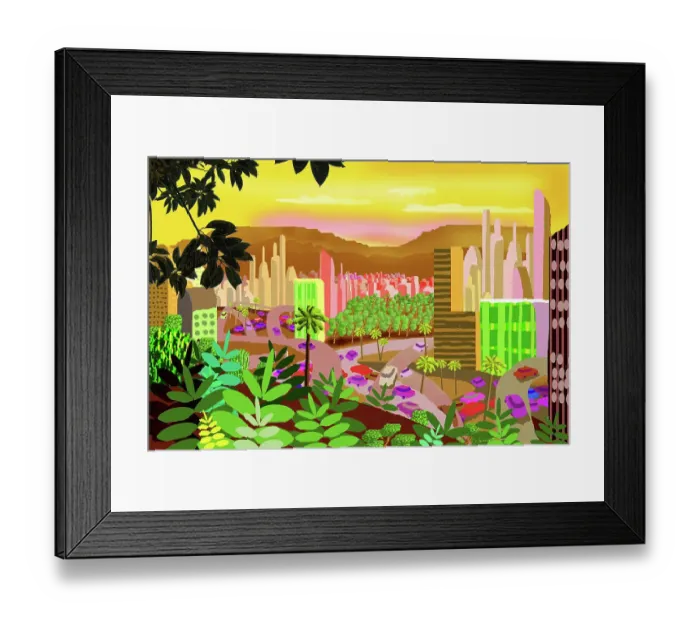 Framed Print : Outsider Art retro style futuristic fantasy Cityscape digital Landscape Illustration Framed Print : Outsider Art retro style futuristic fantasy Cityscape digital Landscape Illustration