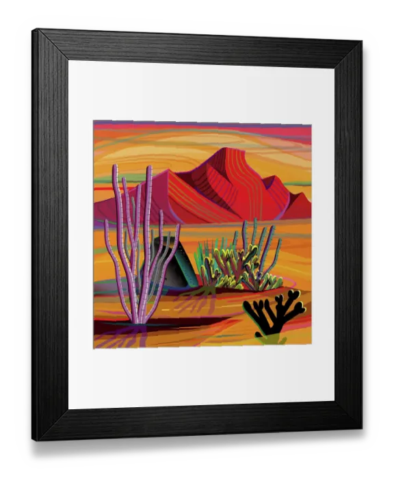 Framed Print : Desert, Cactus, Mountain in Background Landscape Illustration in warm sunset colors Framed Print : Desert, Cactus, Mountain in Background Landscape Illustration in warm sunset colors